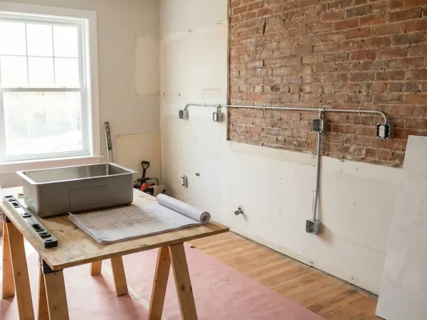 Renovated 1950s Arlington, VA kitchen with white Shaker cabinets, quartz countertops, and refinished hardwood floors