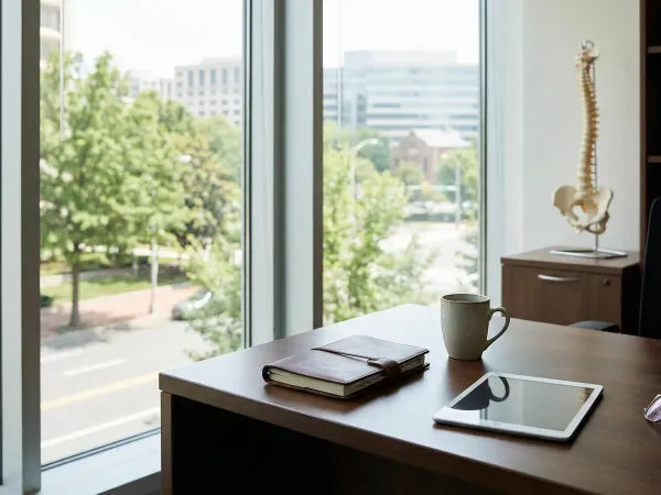 Professional Northern Virginia law office reception area with American and Virginia state flags and polished walnut furnishings in Arlington, VA