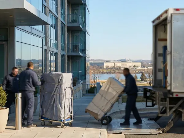 Professional moving crew in branded uniforms loading furniture from a modern Arlington high-rise apartment building with the Pentagon visible in the background