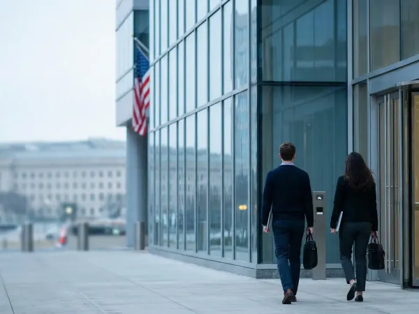 Clean server room and network operations center in an Arlington, VA managed IT firm with a cybersecurity analyst monitoring a dashboard showing CMMC-compliant client network health