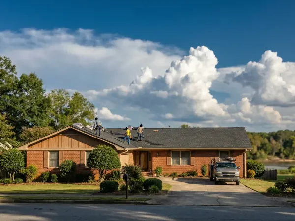 Roofing crew installing new asphalt shingles on a brick ranch home in Columbus, GA under a dramatic Georgia sky