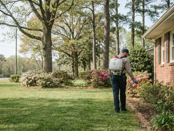 Pest control technician spraying foundation perimeter of a brick home in Columbus, GA backyard on a sunny afternoon