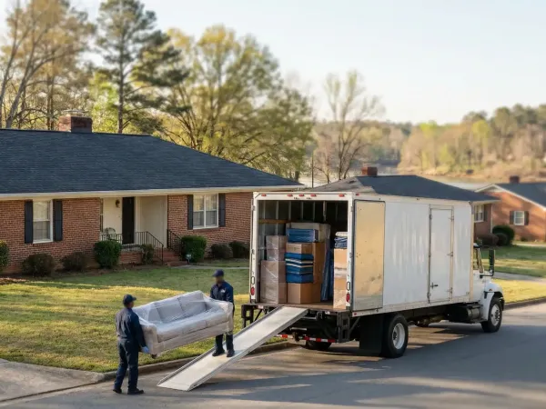 Professional moving crew carefully loading furniture into a branded moving truck in front of a Columbus, GA brick home
