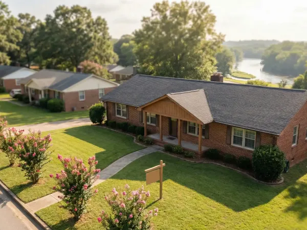 Military couple reviewing home listing with real estate agent at kitchen table near Fort Benning, Columbus, GA