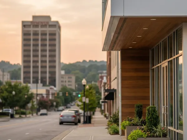 Financial advisor reviewing retirement plan documents with a couple in a modern Columbus, GA office with Synovus tower visible in window background
