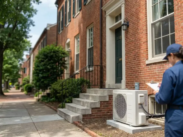 Professional HVAC technician servicing a system outside a historic brick rowhouse in Alexandria, VA