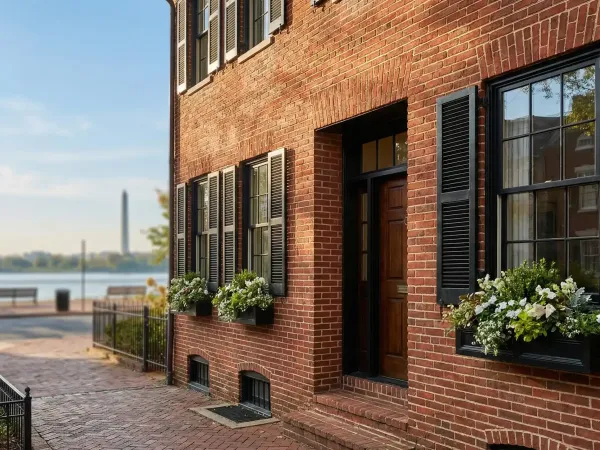 Historic Federal-style brick townhome on a tree-lined street in Old Town Alexandria, VA with a for sale sign in front