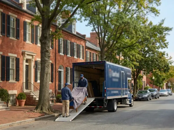 Professional movers in branded uniforms loading furniture onto a moving truck in front of a red brick rowhouse on a tree-lined street in Old Town Alexandria, VA