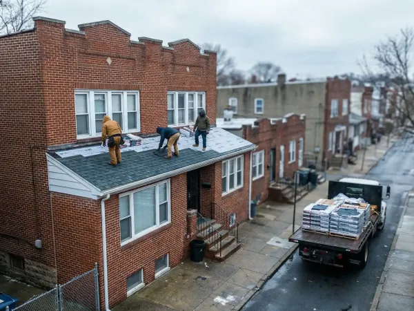 Roofing contractor working on a flat roof replacement on a multi-family building in Paterson, NJ