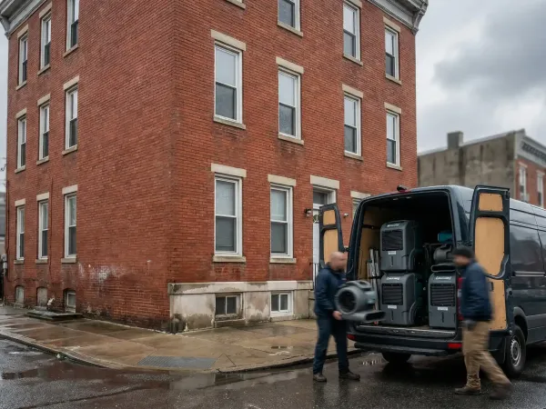 Water damage restoration crew setting up dehumidifiers in a flooded basement of a Paterson, NJ multi-family building