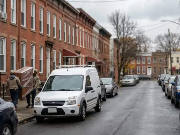 Moving crew carefully carrying furniture out of a walkup apartment building on a Paterson, NJ residential street