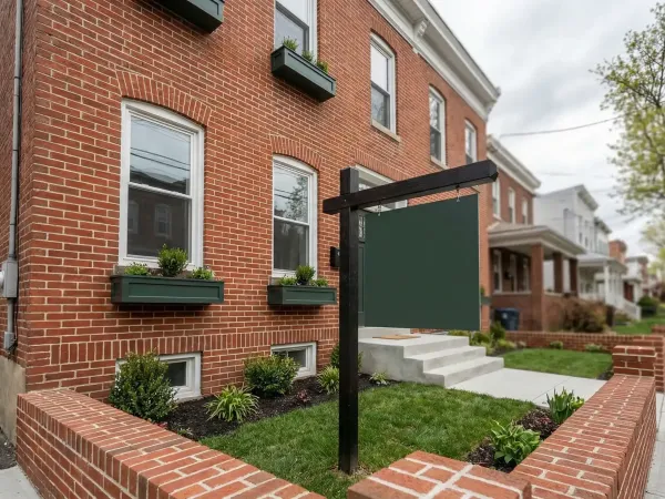 Real estate agent showing a two-family home to prospective buyers on a residential street in Paterson, NJ
