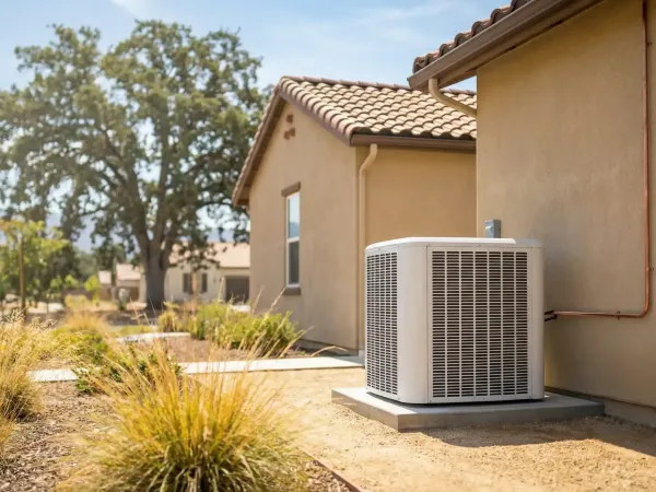 Professional HVAC technician servicing a high-efficiency condenser unit in a Roseville, CA suburban backyard