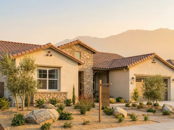 Real estate agent and couple reviewing home purchase paperwork at a modern Roseville, CA property with suburban neighborhood in background