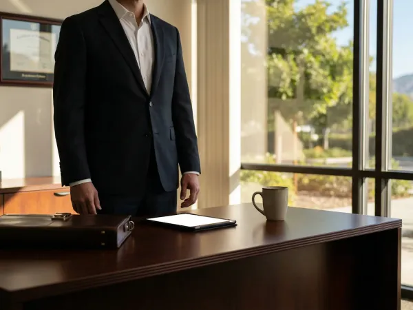 Professional attorney in a well-appointed Roseville, CA law office reviewing case documents with a confident and trustworthy demeanor