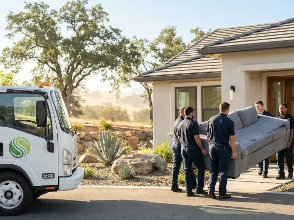 Professional moving crew carefully loading furniture into a branded moving truck at a new Roseville, CA master-planned home on a clear day