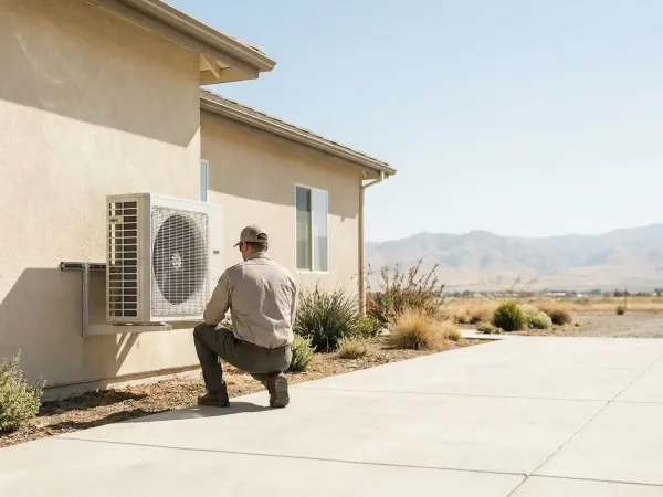 Professional HVAC technician inspecting a residential air conditioning unit in Visalia, CA, with Sierra Nevada foothills in background