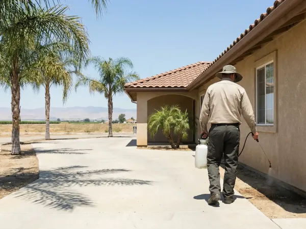 Pest control technician treating the perimeter of a stucco ranch home in Visalia, CA, with agricultural fields visible in the background