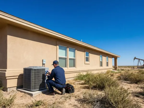 Professional HVAC technician servicing a split-system air conditioner unit outside a residential home in Midland, TX