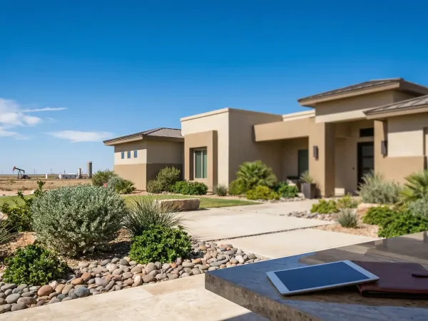 Professional real estate agent welcoming a couple to a modern executive home in Midland, TX with West Texas sky and oil derrick visible on horizon