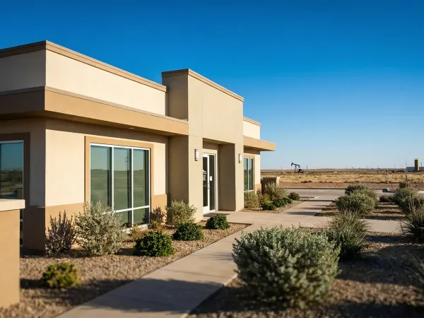 Friendly dentist and dental assistant in a bright modern Midland, TX dental office welcoming a new patient at the front entrance