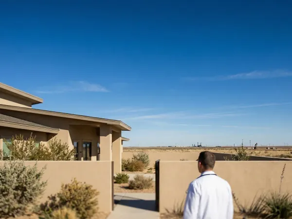Physician in white coat with stethoscope welcoming a patient at a clean modern urgent care clinic entrance in Midland, TX with clear West Texas sky
