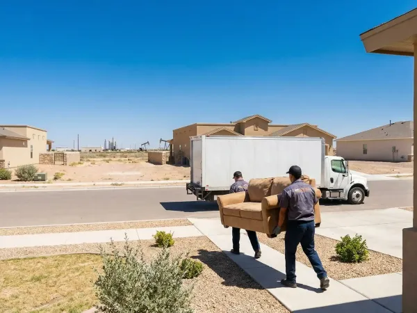 Professional moving crew in branded uniforms carrying furniture to a moving truck outside a new Midland, TX home under a clear West Texas sky