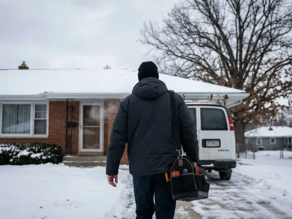 Professional HVAC technician servicing a furnace in a Cedar Rapids, IA home basement during winter