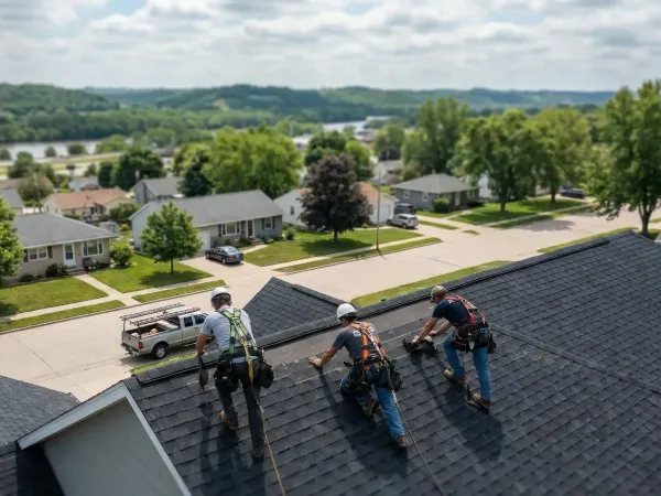 Professional roofing crew installing architectural shingles on a Cedar Rapids, IA residential home after hail damage repair