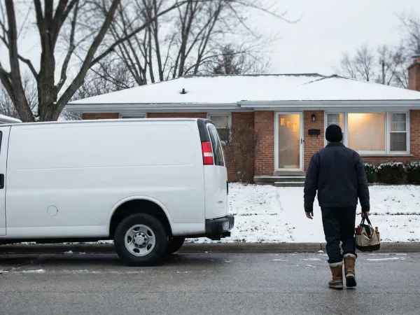Professional plumber repairing pipes in a Cedar Rapids, IA residential home during an Iowa winter service call