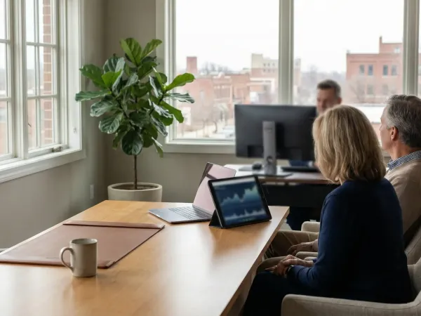 Financial advisor consulting with a couple in their late 50s in a modern Cedar Rapids, IA advisory office with retirement planning charts