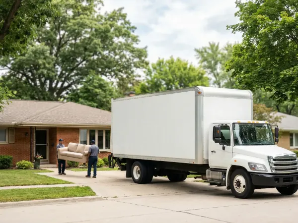 Professional uniformed movers carrying furniture into a Cedar Rapids, IA home on a sunny day with a moving truck parked in the driveway