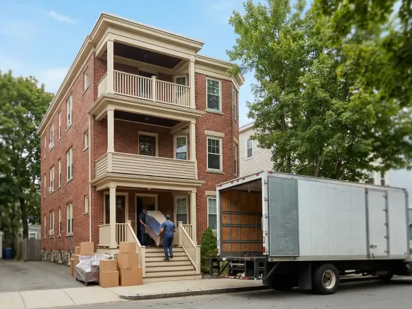Professional moving crew loading furniture outside a Cambridge MA triple-decker apartment building on moving day