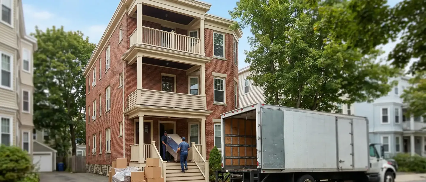 Professional moving crew loading furniture outside a Cambridge MA triple-decker apartment building on moving day