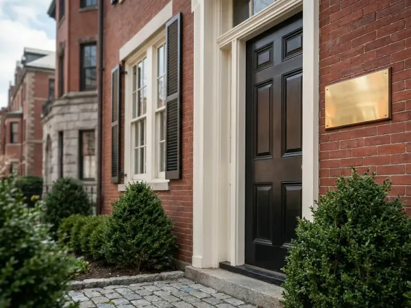 Professional law office exterior in Federal-style Cambridge MA brick building with brass nameplate and Harvard Square setting
