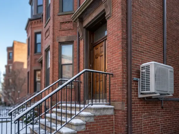 HVAC technician servicing a cast-iron boiler in a Cambridge MA brownstone basement with exposed brick walls and original radiator pipes