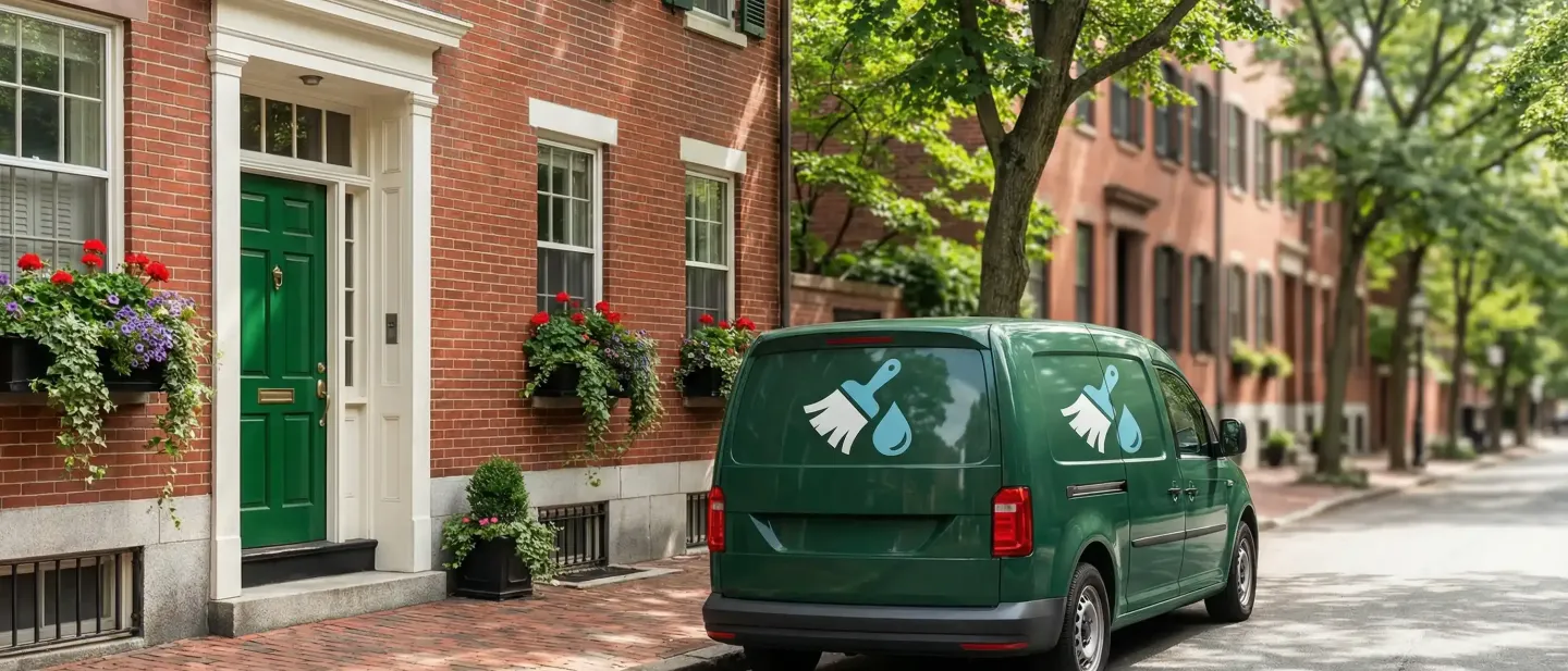 Professional cleaner in uniform wiping granite countertop in a bright Cambridge MA apartment with exposed brick wall and hardwood floors