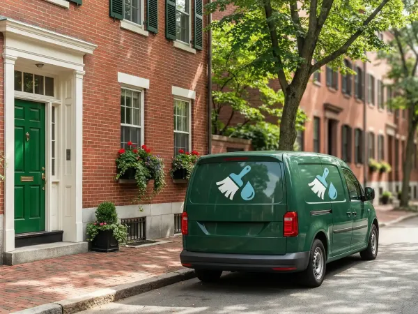 Professional cleaner in uniform wiping granite countertop in a bright Cambridge MA apartment with exposed brick wall and hardwood floors