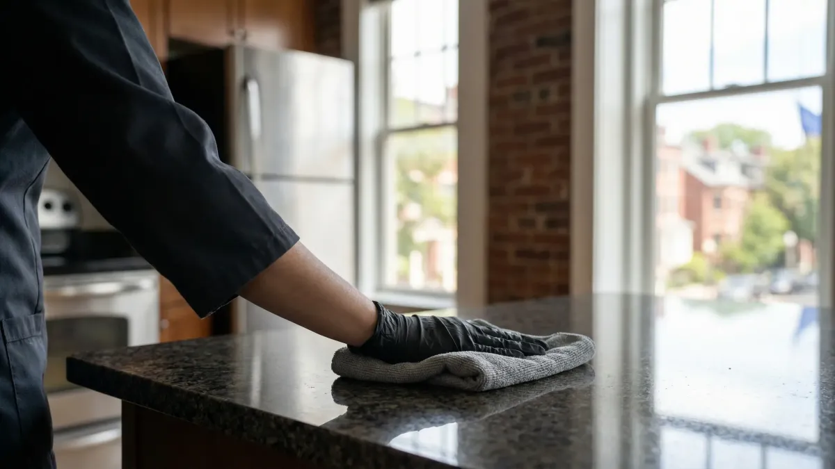 Professional cleaner in uniform wiping granite countertop in a bright Cambridge MA apartment with exposed brick wall and hardwood floors