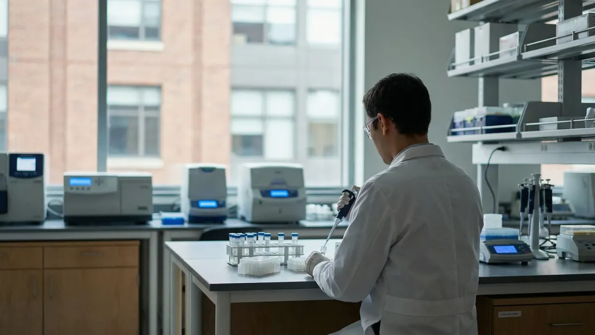 Life sciences researcher in white lab coat working at a modern biotech laboratory bench in Cambridge MA Kendall Square research facility