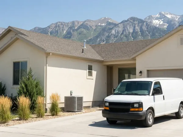 Professional HVAC technician servicing an air conditioning system at a residential home in Provo, UT, with the Wasatch Range visible in the background