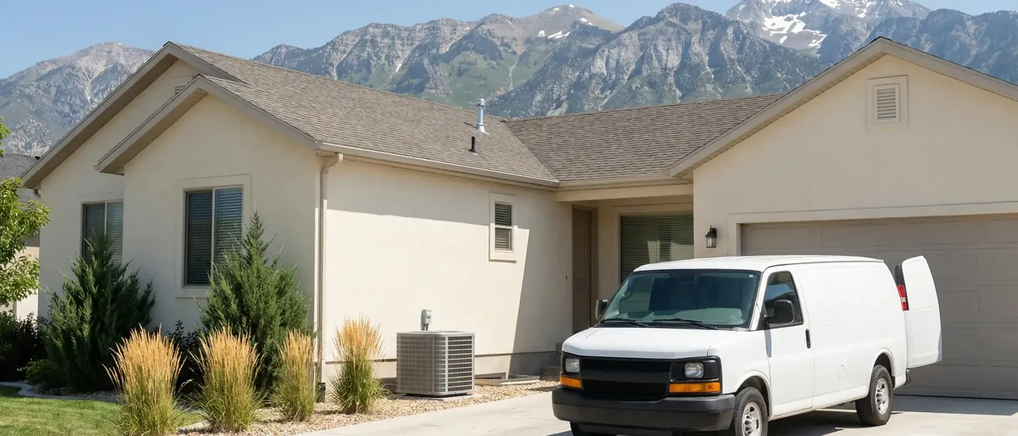 Professional HVAC technician servicing an air conditioning system at a residential home in Provo, UT, with the Wasatch Range visible in the background