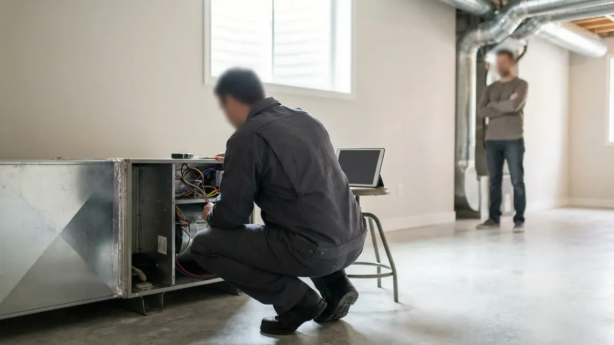 Professional HVAC technician servicing an air conditioning system at a residential home in Provo, UT, with the Wasatch Range visible in the background