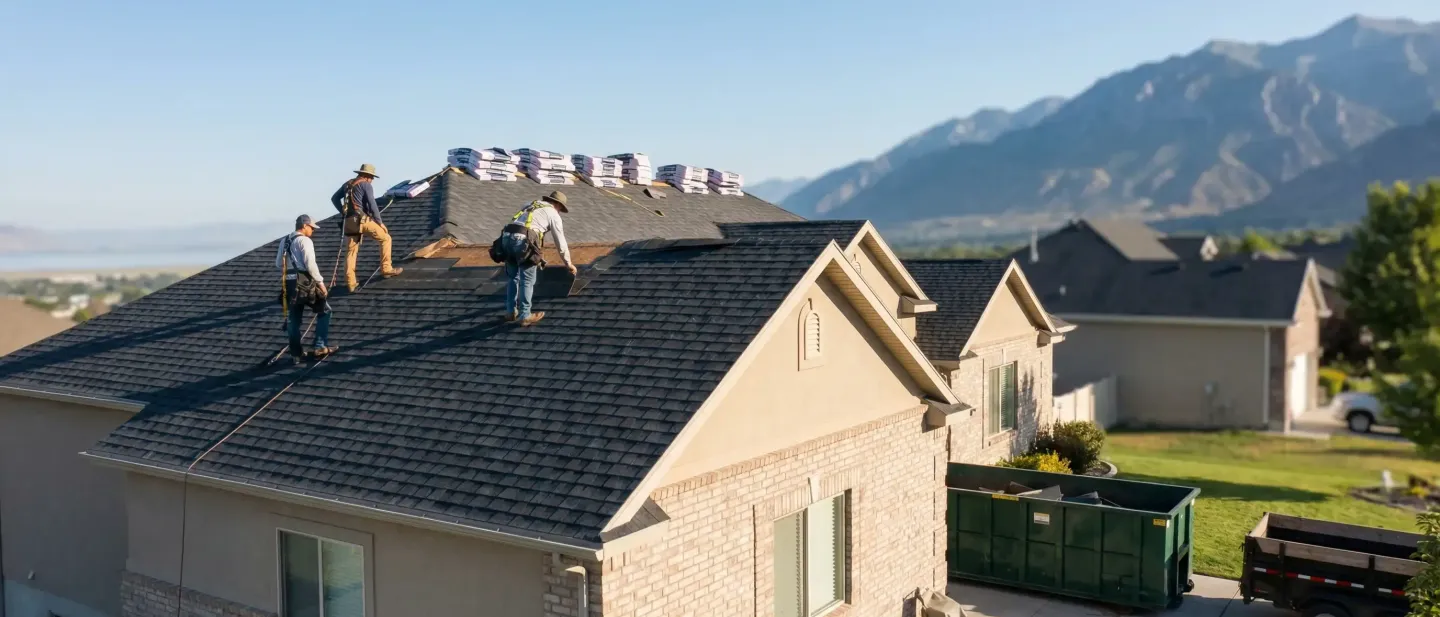 Professional roofing crew replacing a damaged roof on a residential home in Provo, UT, with the Wasatch Mountains visible in the background