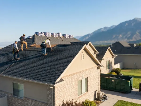 Professional roofing crew replacing a damaged roof on a residential home in Provo, UT, with the Wasatch Mountains visible in the background