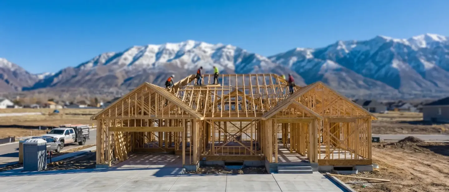 Construction contractor reviewing plans in a newly finished basement in Provo, UT, with the Wasatch Mountains visible through the egress window