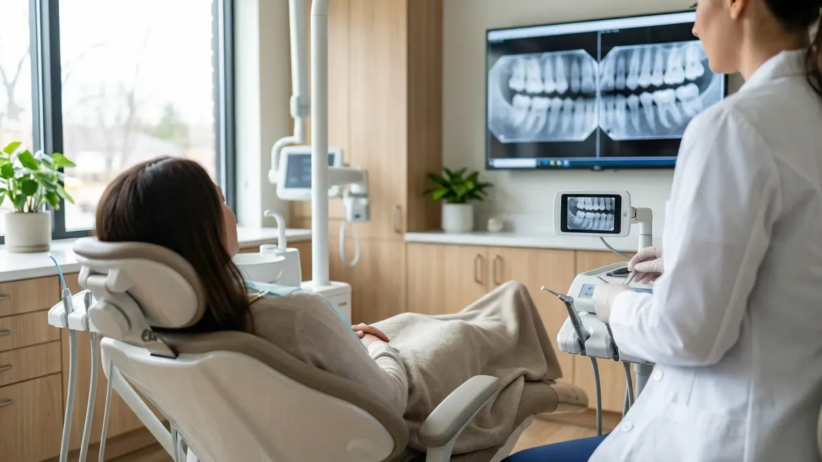 Modern dental operatory in Provo, UT, with a patient receiving care from a professional dentist using digital diagnostic equipment