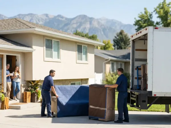 Professional moving crew loading furniture into a branded moving truck in a Provo, UT neighborhood