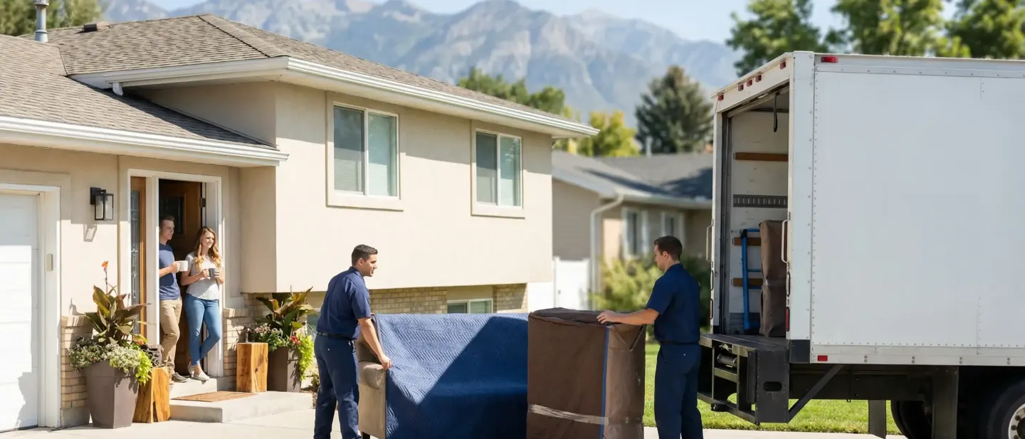 Professional moving crew loading furniture into a branded moving truck in a Provo, UT neighborhood