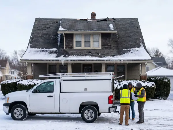 Professional roofers installing new asphalt shingles on a South Bend, IN craftsman home
